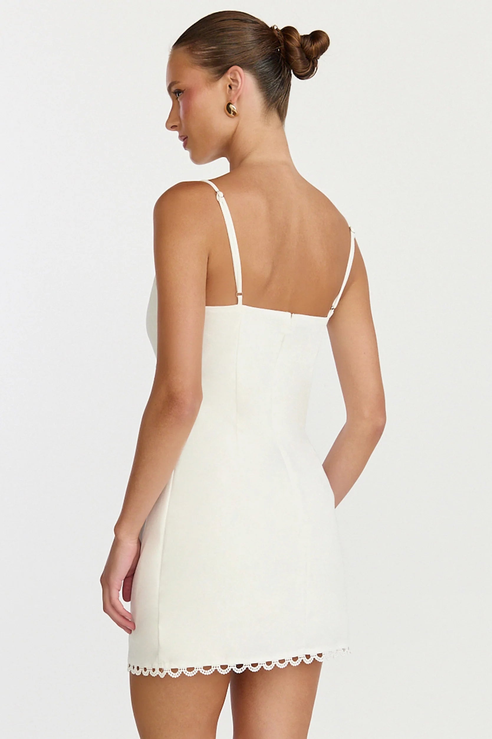 Loya Mini Dress - Scallop Lace Trim Mini Dress in Off White
